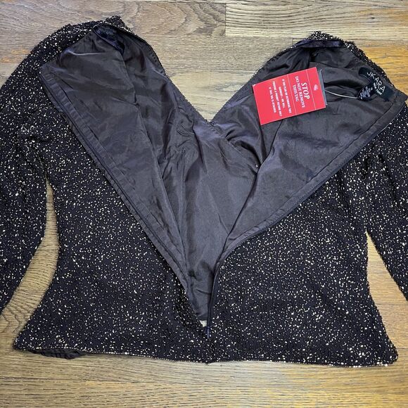 Jkara Beaded Black Gold Formal Blouse Evening Party Top Zip Back VNeck Womens 12 - Picture 9 of 16